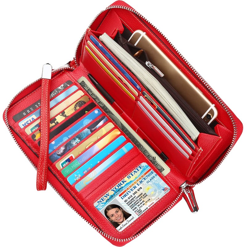 Lavemi Women's RFID Blocking 100% Leather Large Capacity Zip Around Wallet Phone Holder Clutch Travel Purse Wristlet(Large Size Pebble Red) - Image 2